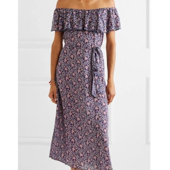 Eberjey Floral Prairie Voile Dress Ruffle Off Shoulder Belted Small Purple - Picture 2 of 11